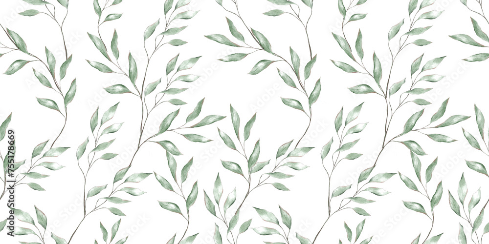 Watercolor leaves branches eucalyptus wallpaper textile wrapping paper background seamless pattern botanical floral desing wedding invitation card