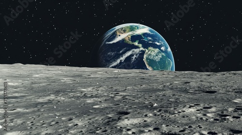 Image taken from the Moon s surface  featuring view of Earth rising over the horizon. The vibrant blues  greens  and whites of Earth contrast beautifully with the Moon s grey  cratered landscape. AI