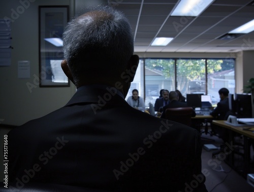 A man in a suit is sitting in a conference room with other people