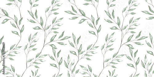 Watercolor leaves branches eucalyptus wallpaper textile wrapping paper background seamless pattern botanical floral desing wedding invitation card © lidianureeva