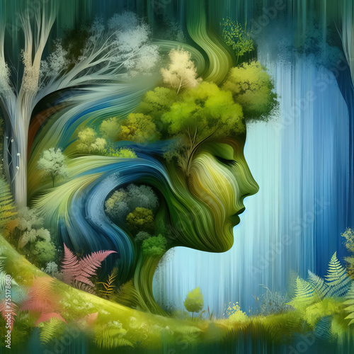 Illustration of woman's face profile with environmentally concept
