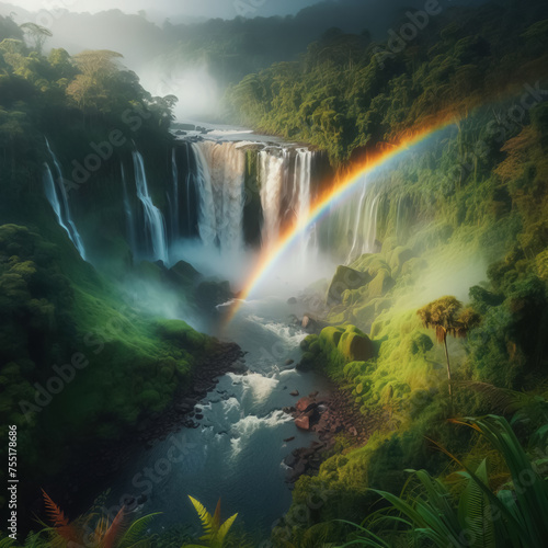 A rainbow over a waterfall surrounded by lush vegetation