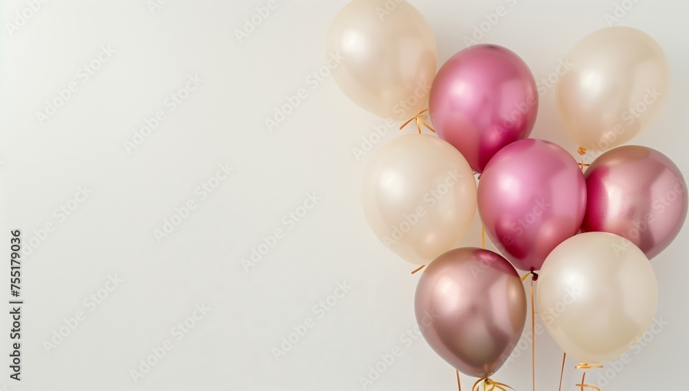A variety of pink and white balloons made from natural materials hang as creative arts on a white wall, resembling jewelry pieces in shades of magenta and peach, creating a fashionable event decor