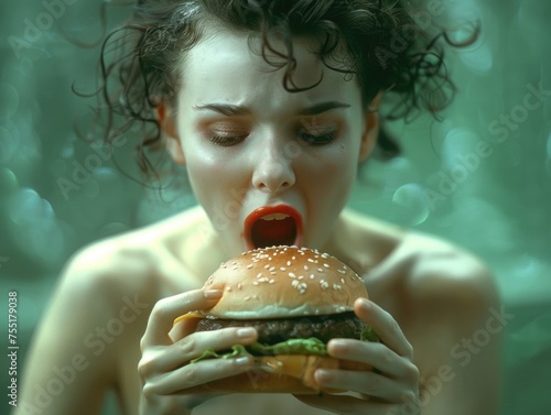 A woman is eating a hamburger in a bathtub