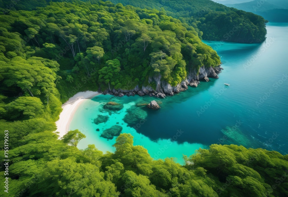 aerial, panorama, trees, water, green, forest, tranquility, tropic, adjacent, seashore, landscape, tranquil, ocean, blue, sea