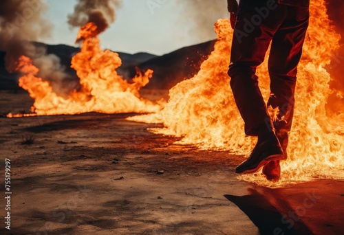 illustration, fiery blaze engulfing bare feet person standing surface radiating extreme heat, Burning, Flame, Consume, Blistering, Searing, Scorching
