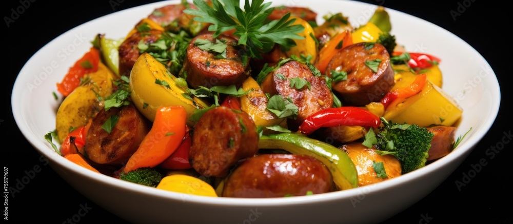 A delicious salad recipe featuring a white bowl filled with a colorful mix of vegetables, sausage, and bush tomato, set against a striking black background A delicious salad recipe featuring a white bowl filled with a colorful mix of vegetables, sausage, and bush tomato, set against a striking black background