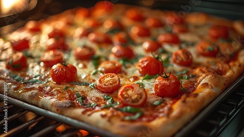 Californiastyle pizza with pizza cheese, tomatoes, and basil baking in the oven photo