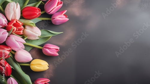 Top view of tulips lying on empty background 
