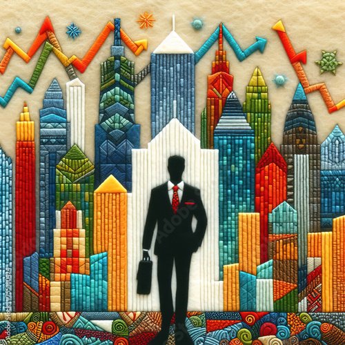 felt art patchwork  back of businessman in suit with business office glass modern buildings background for economic market stock investment