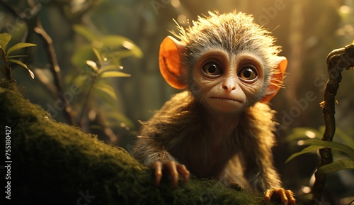 a tiny monkey with big eyes in a mozzy forest
