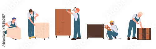 Male workers assembling furniture for room interior design set isolated on white background
