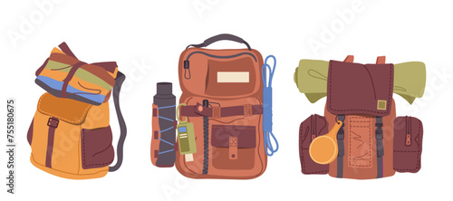 Set of travel backpacks with camping equipment and tools for exploration, journey and adventure