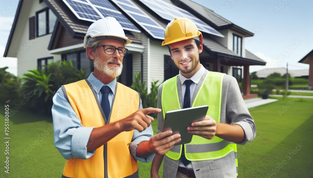 Fototapeta premium An engineer in a helmet with a tablet computer explains a client the system of operation, installation of solar panels in his house.Renewable energy in private homes captured in one inspiring moment