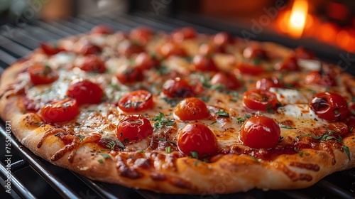 Californiastyle pizza with pizza cheese and tomatoes cooking on a grill photo