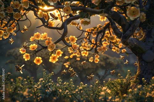 Twilight Over a Serene Forest  Bees Buzzing Around the Blossoms of a Fruit-Bearing Tree  Illustrating the Interconnectedness of Wildlife Habitats for Earth Day