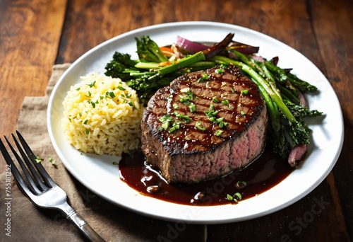 Beef steaks with asparagus and balsamic vinegar. ai generative