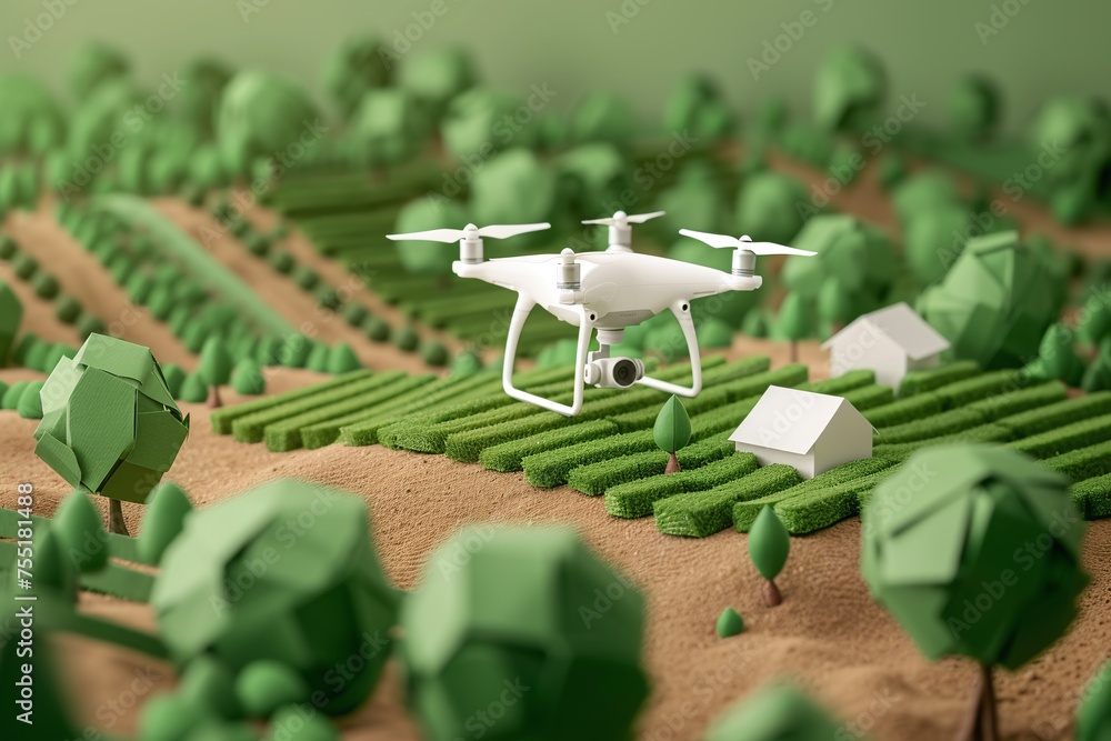 Obraz premium Modern high-tech farm with drones, smart agriculture concept. Drones keep order on the farm. Control of humidity, watering, pesticides. Aerial photography and video