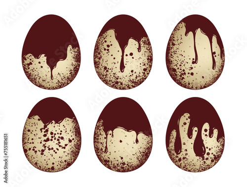 Set of Easter eggs isolated on white background. Realistic quail eggs dipped in chocolate. Eggs with chocolate streaks and texture. Vector illustration. Sweet easter holiday symbol. 