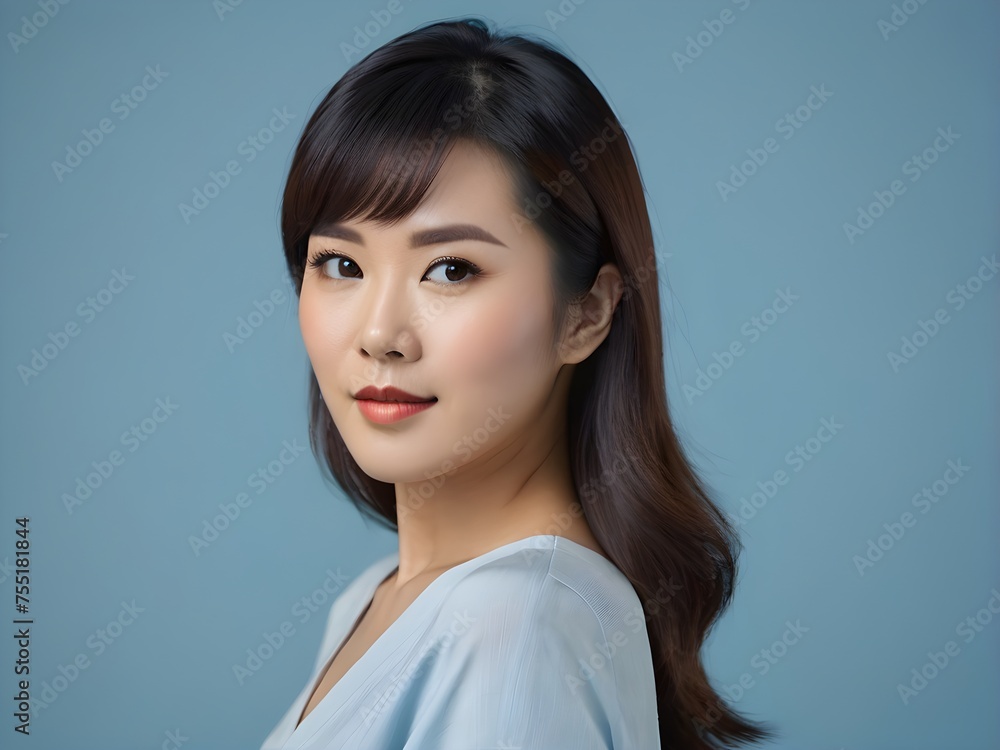 Portrait of young attractive Asian woman isolated on blue background. Woman with healthy skin looks at the camera. Natural makeup of young beautiful model on a studio background Portrait of young attractive Asian woman isolated on blue background. Woman with healthy skin looks at the camera. Natural makeup of young beautiful model on a studio background