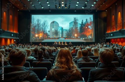 A crowd is enjoying a movie at a performing arts center