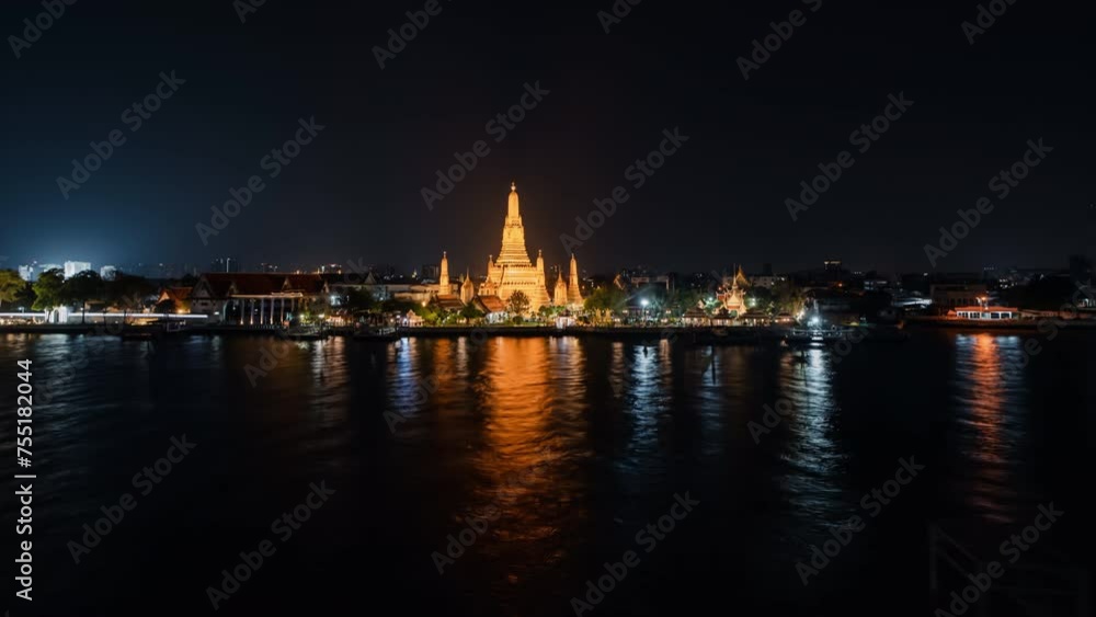 Bangkok Wat Arun temple on Chao Phraya River Time lapse Hyperlapse panoramic 4k night Bangkok Wat Arun temple on Chao Phraya River Time lapse Hyperlapse panoramic 4k night
