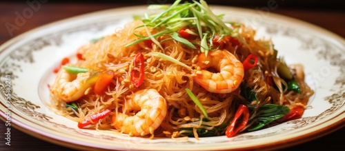 A plate of scampi shrimp noodles with fresh vegetables is displayed on the table, showcasing a delicious seafood dish made with staple food ingredients