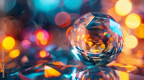 Generative AI creative image of transparent bright yellow and shining blue colors geometric glass sphere decoration with glowing reflection on abstract background