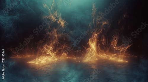 Radiant, abstract smoke formations on a dark background, with a unique interplay of ground lights. photo