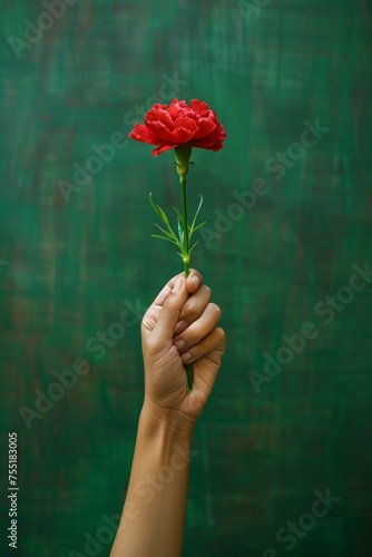 Hand holding red carnation flower on a green grunge background.