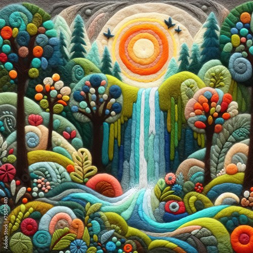 felt art patchwork, waterfall surrounded by lush vegetation