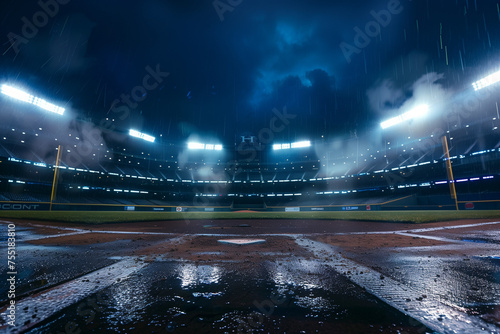 Baseball Stadium Field at Night Lights Dark Sky Rain Storm Puddle Low Angle