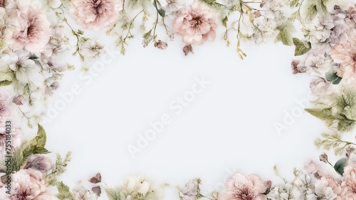 Elegant floral border with pink roses green leaves on white free space background perfect for wedding invitation design romantic mood. © Oleg Kyslyi