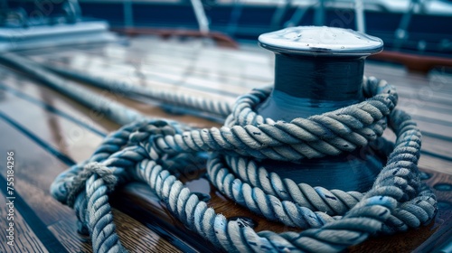 Rope coiled neatly on a sailing boat deck, symbolizing order and readiness.