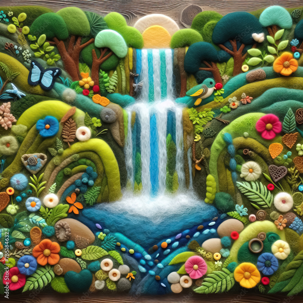 Fototapeta premium felt art patchwork, waterfall surrounded by lush vegetation