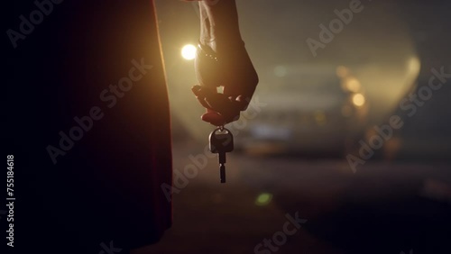 Close-up of car keys in the hand of an unrecognizable woman in a dark garage. A girl holds a retro car key in her hands at night indoors.