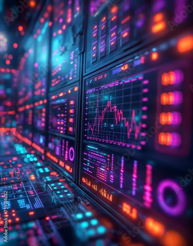 Krypto-Handelsterminals, Computer und Bildschirme mit Charts und Zahlen, Konzept Trading mit Kryptowährungen