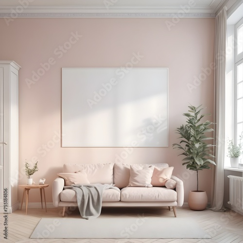 blank poster on a wall in scandinavian interior  pastel tints 