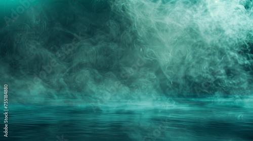 Serene, aqua-colored smoke floating against a tranquil, dark sea background, lit by peaceful ground light.