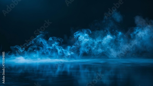 Serene  sky-blue smoke floating against a calm  dark backdrop  lit by peaceful ground lighting.