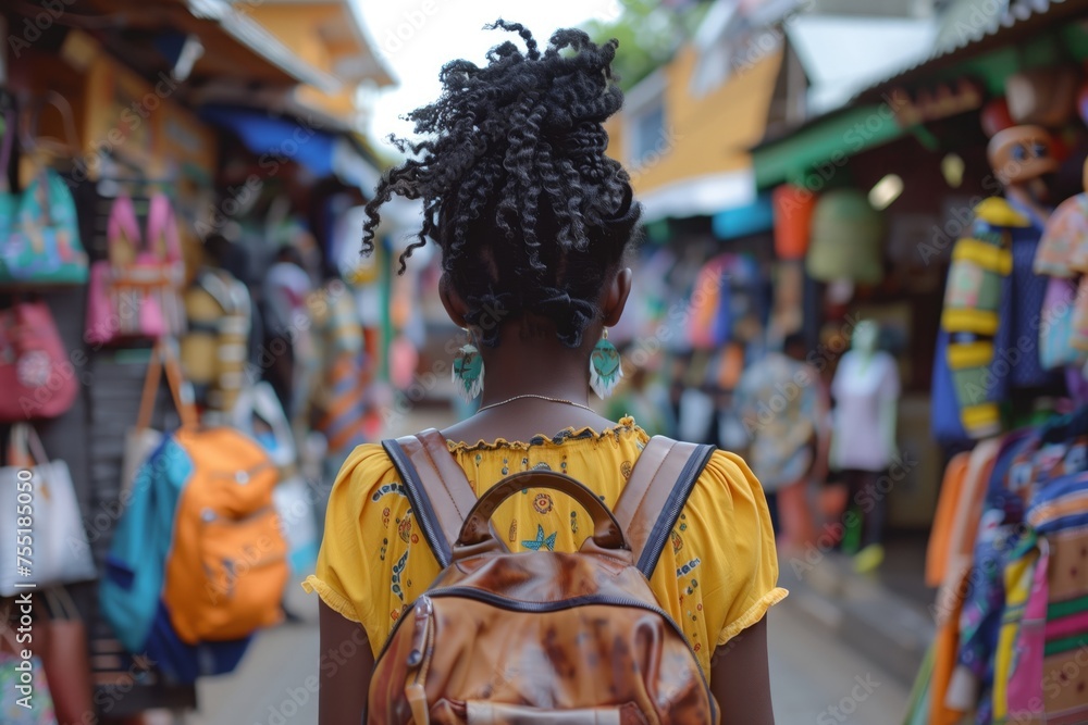 A woman with a backpack is browsing through a bustling market street filled with art, tradition, and fashion design. The citys vibrant crowd adds to the lively shopping event