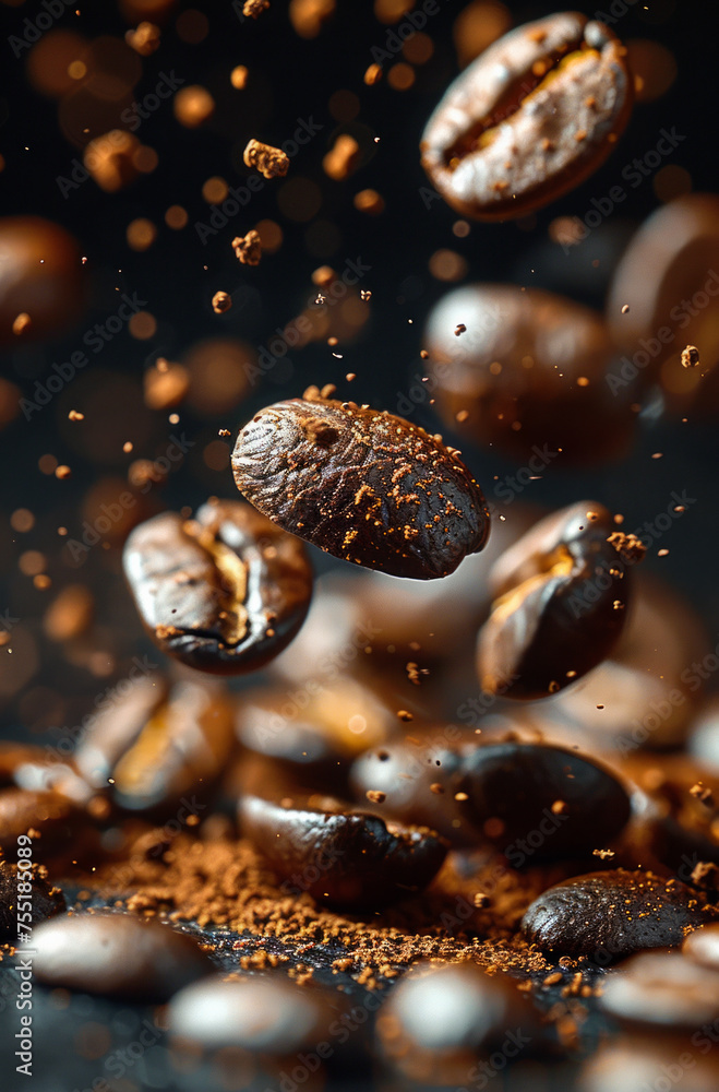 Coffee beans and ground coffee on black background Coffee beans and ground coffee on black background