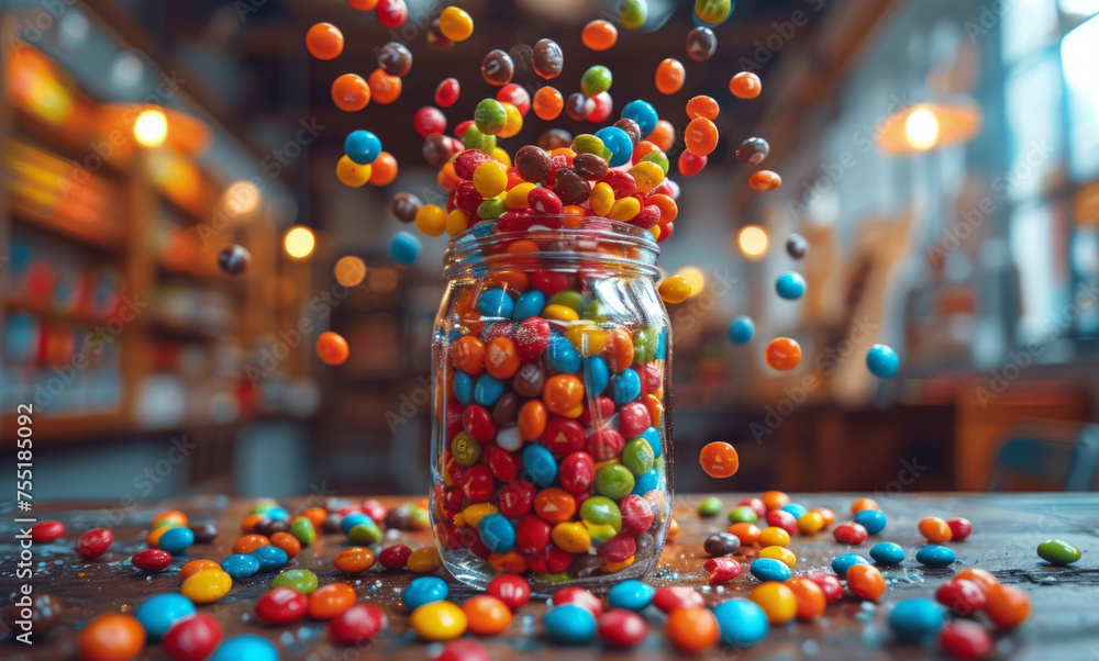 Colorful candies are falling into the glass jar on the wooden table in the kitchen