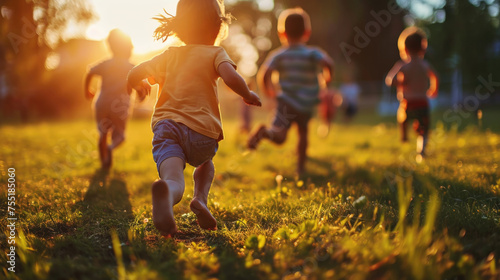 Fototapeta Naklejka Na Ścianę i Meble -  Group of children are running in field
