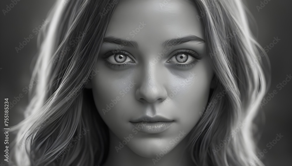 Close-up black and white portrait of a woman with blonde hair, sensual lips, deep grey eyes looking at viewer Close-up black and white portrait of a woman with blonde hair, sensual lips, deep grey eyes looking at viewer