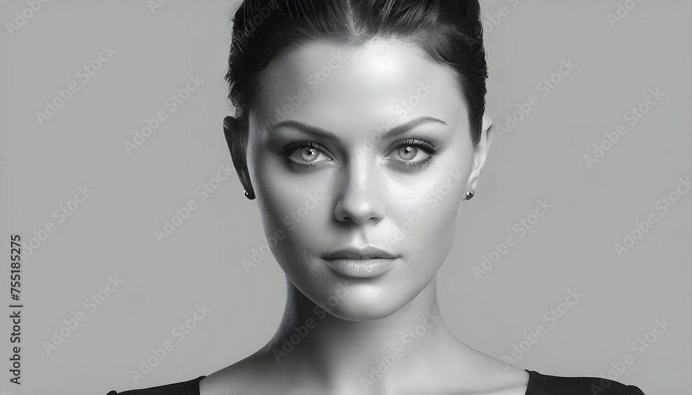 Close-up black and white portrait of a woman with dark hair, sensual ...