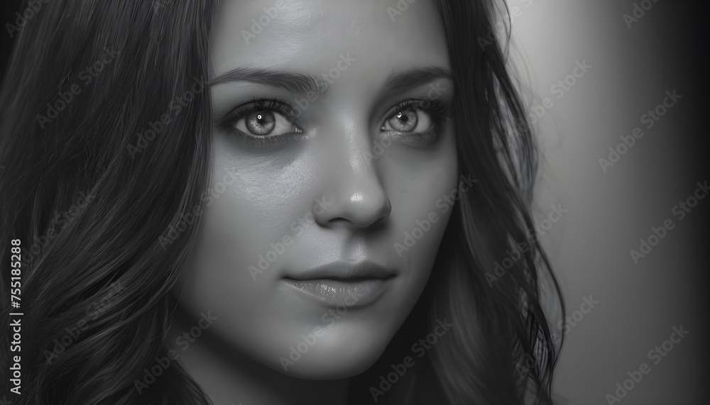 Close-up black and white portrait of a woman with dark hair, sensual lips, deep grey eyes looking at viewer Close-up black and white portrait of a woman with dark hair, sensual lips, deep grey eyes looking at viewer