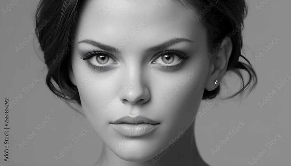 Close-up black and white portrait of a woman with dark hair, sensual ...