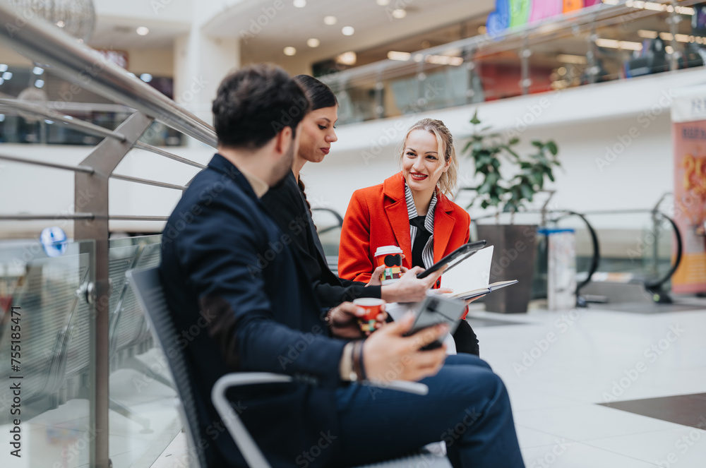 Two men and a woman, dressed in smart casual attire, engage in a friendly business discussion at an indoor mall, using a digital tablet and notebook. Two men and a woman, dressed in smart casual attire, engage in a friendly business discussion at an indoor mall, using a digital tablet and notebook.