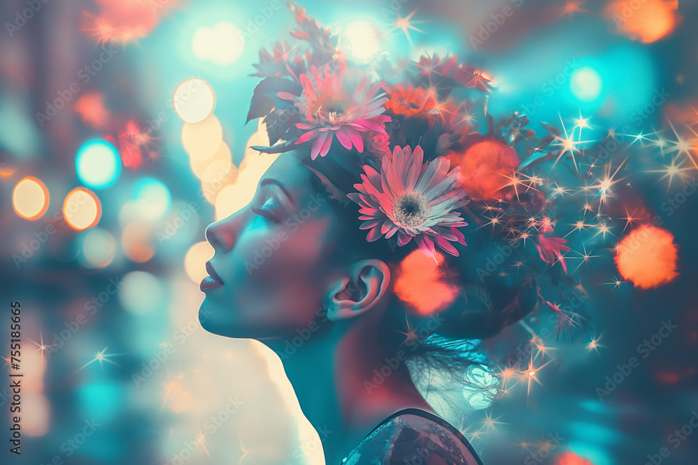 Fototapeta premium Woman with closed eyes and blooming glowing flowers on her head on lights bokeh background. Contrast between nature and urban life.